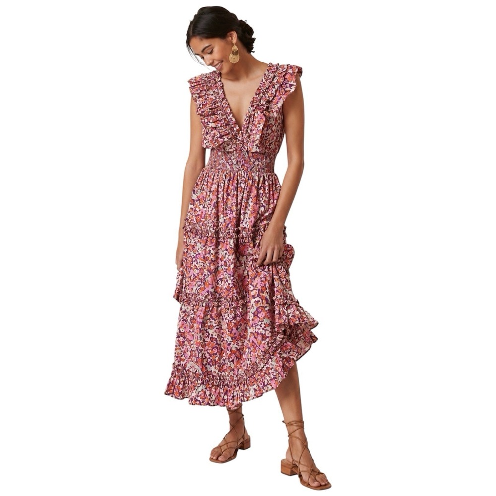Love The Label Floral Ruffle V-Neck Tiered Midi Dress Boho Cottagecore Sz S